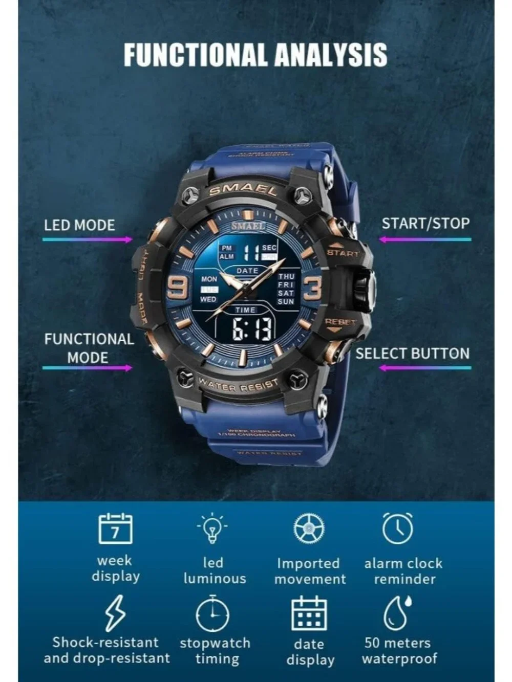 Mens Dark&Blue Analog Quartz S-Shock Waterproof Outdoor Sports LED Digital Watch